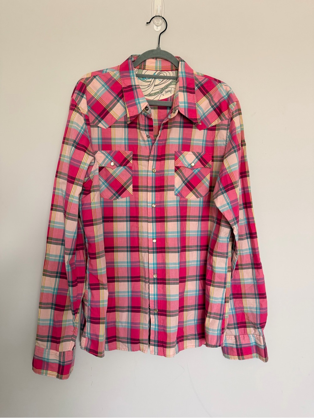 Hollister Vintage Western Men’s Pearl Snap Pink Plaid Embroidered Logo Shirt XL